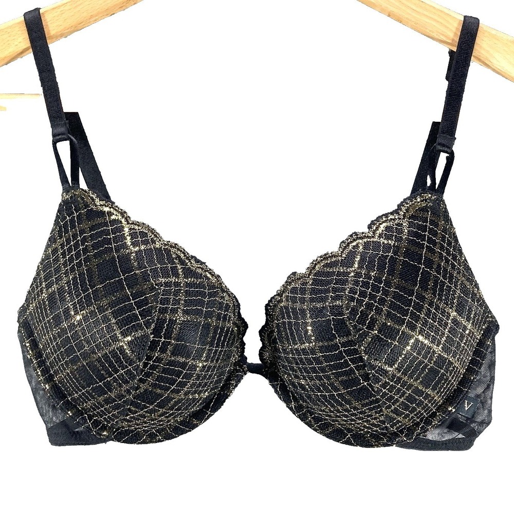 Victoria Secret Gold Metallic Scalloped Plaid Bra 32D Padded Push Up Mesh Back